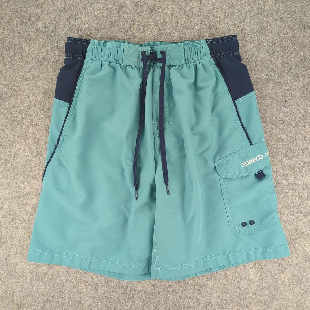 Speedo Swim Shorts Mens Large Green Black Drawstring Quick Dry Pocket Polyester